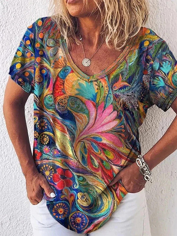 Comfysol Casual V-neck Short Sleeve Peacock Printed Blouse