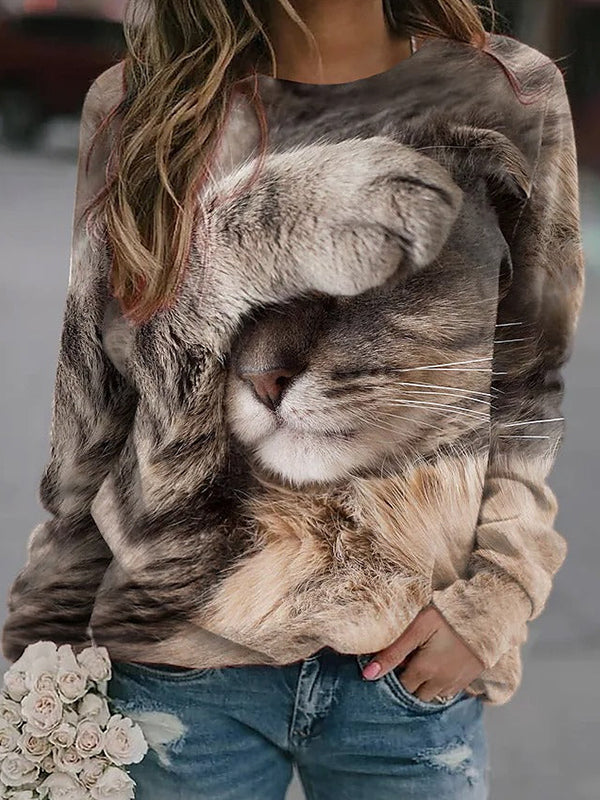 Comfysol Brown Casual Graphic Tops Round Neck Long Sleeve Cover Face Cat Printed Sweatshirts