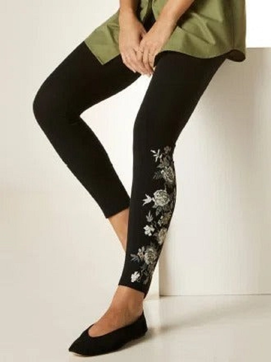 Comfysol Black Casual Floral Printed Leggings