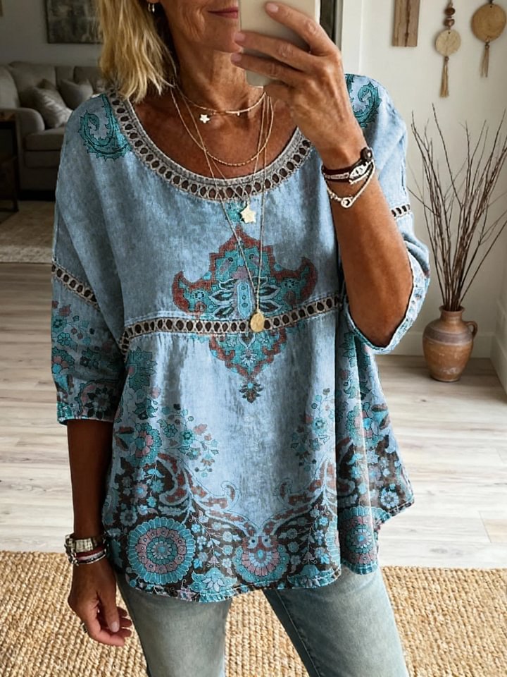 Women's Vintage Ethnic Floral Art Print Casual Round Neck Cutout Top