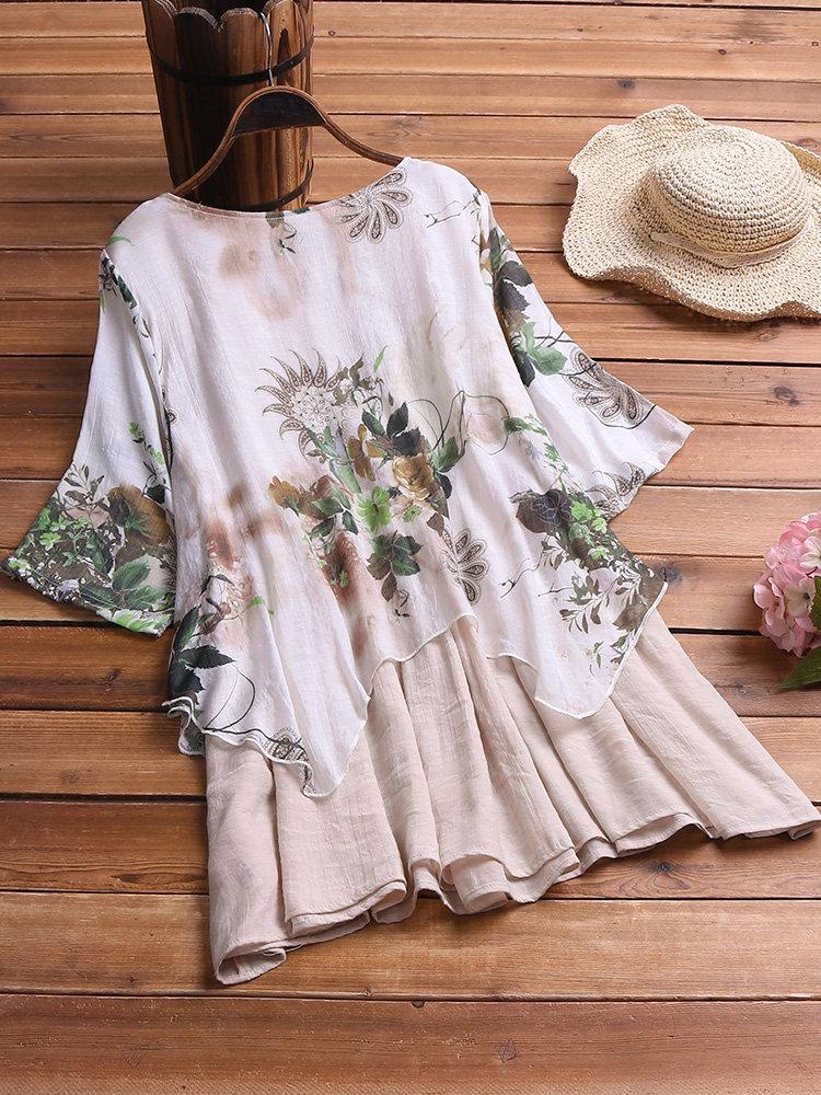 Comfysol Vintage Patchwork Print Fake Two-Piece Half Sleeve Plus Size Blouse