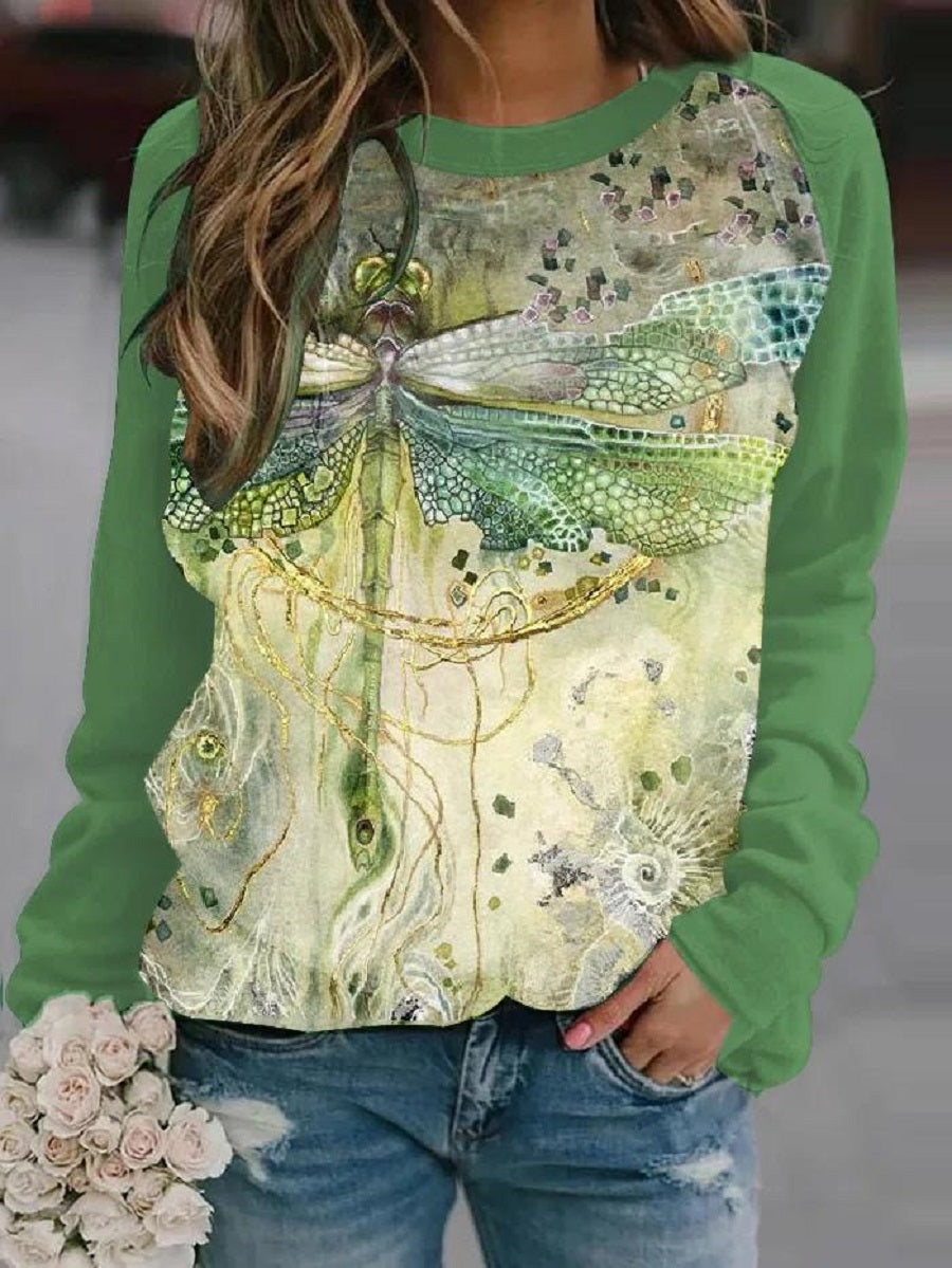 Comfysol Green Casual Graphic Tops Round Neck Dragonfly Printed Long Sleeve Sweatshirts