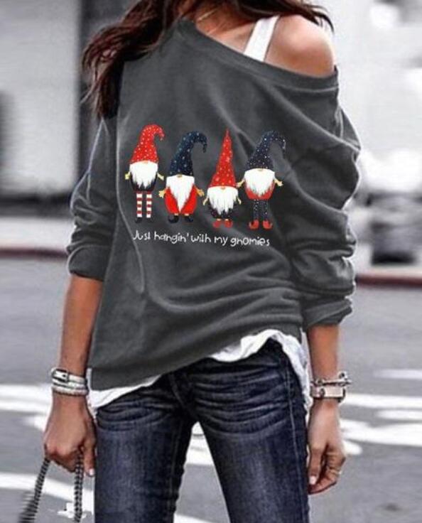 Comfysol Santa Printed Long Sleeve Oblique Shoulder Sweatshirt