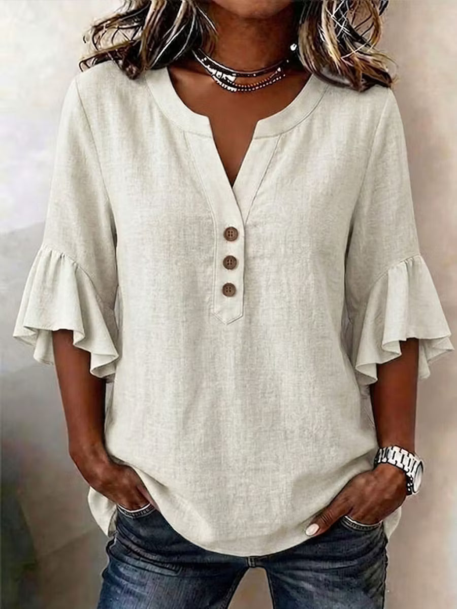 Women's Solid-color V-neck 3/4-sleeve Casual Loose Cotton-linen To