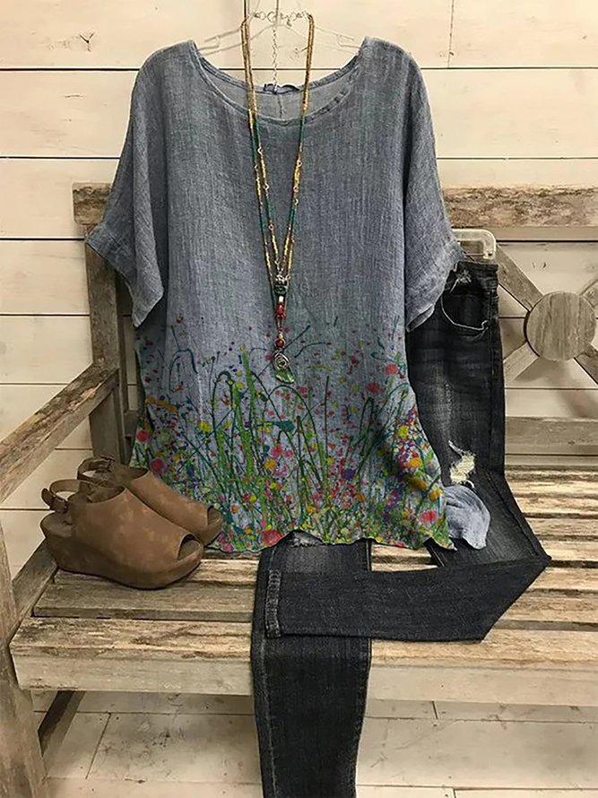 Comfysol Crew Neck Casual Floral Print Short Sleeve Blouse