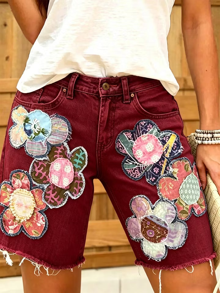 Women Ethnic Floral Print Denim Shorts