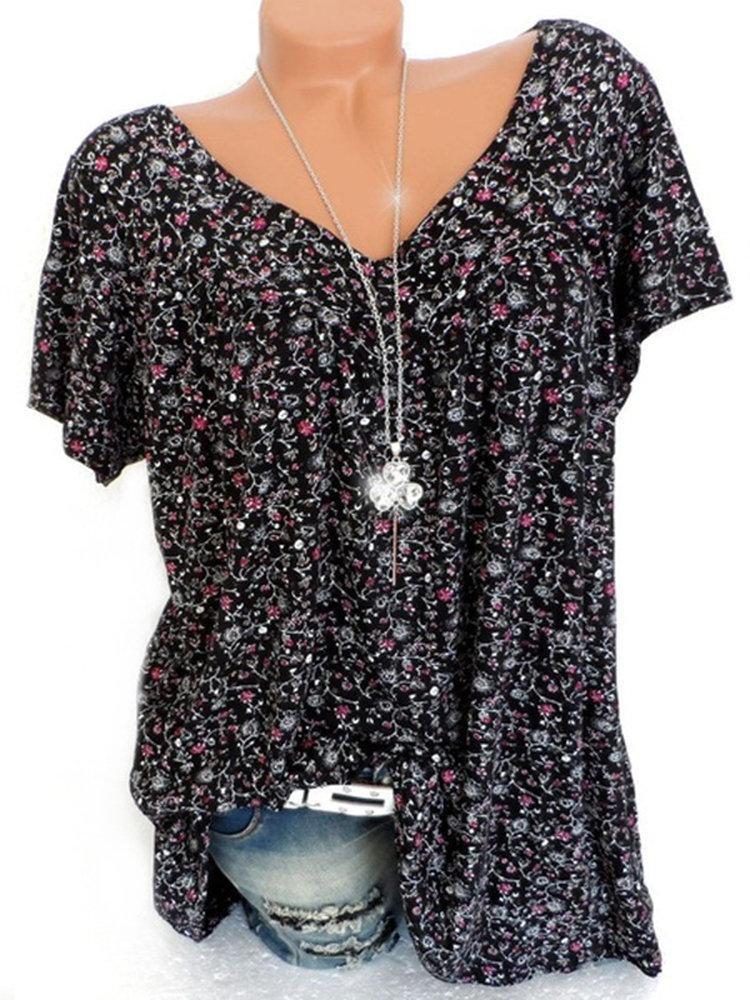 Comfysol Print Floral Short Sleeve V-neck Blouse
