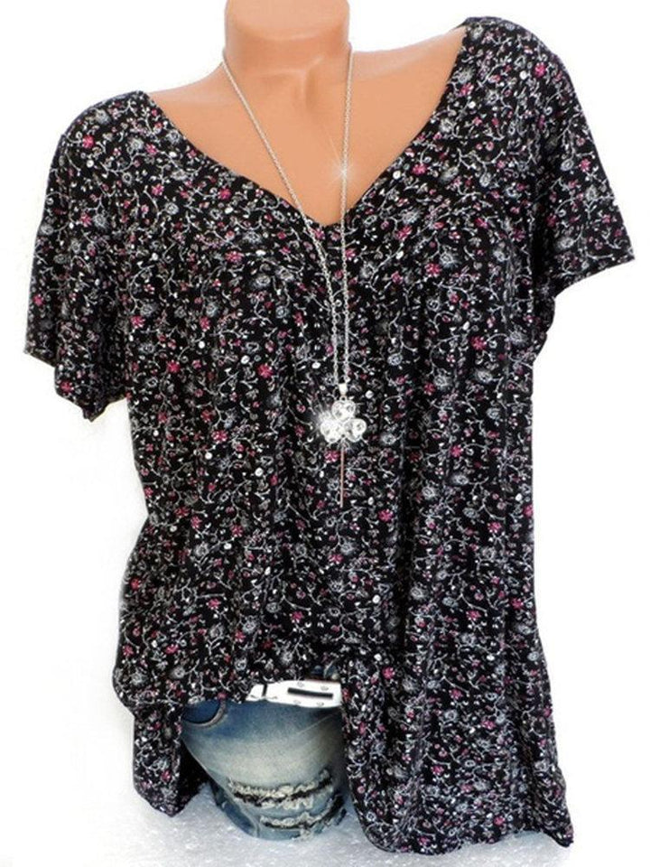 Comfysol Print Floral Short Sleeve V-neck Blouse