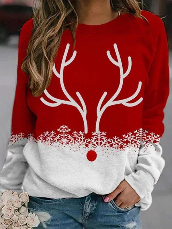 Comfysol Red Casual Graphic Tops Round Neck Long Sleeve Elk Printed Xmas Sweatshirts