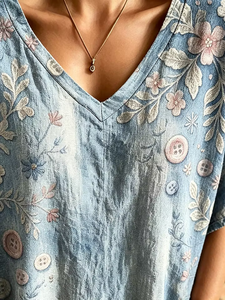 Women's Floral Pastel Print Cotton V-Neck Loose Top