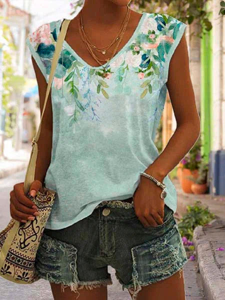Comfysol Green Casual Graphic Tops V Neck Printed Sleeveless Tank