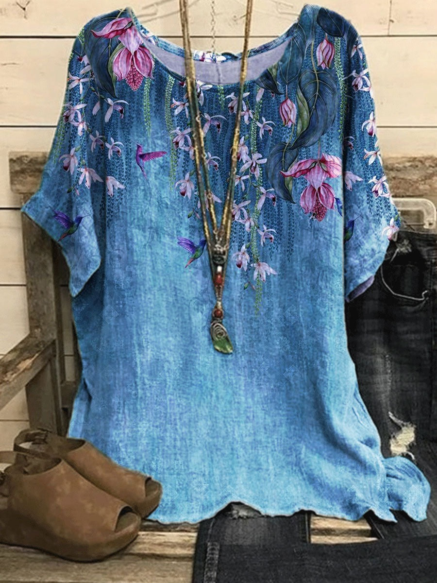 Comfysol Peacock Blue Casual Graphic Tops Round Neck Floral Printed Short Sleeve Blouse