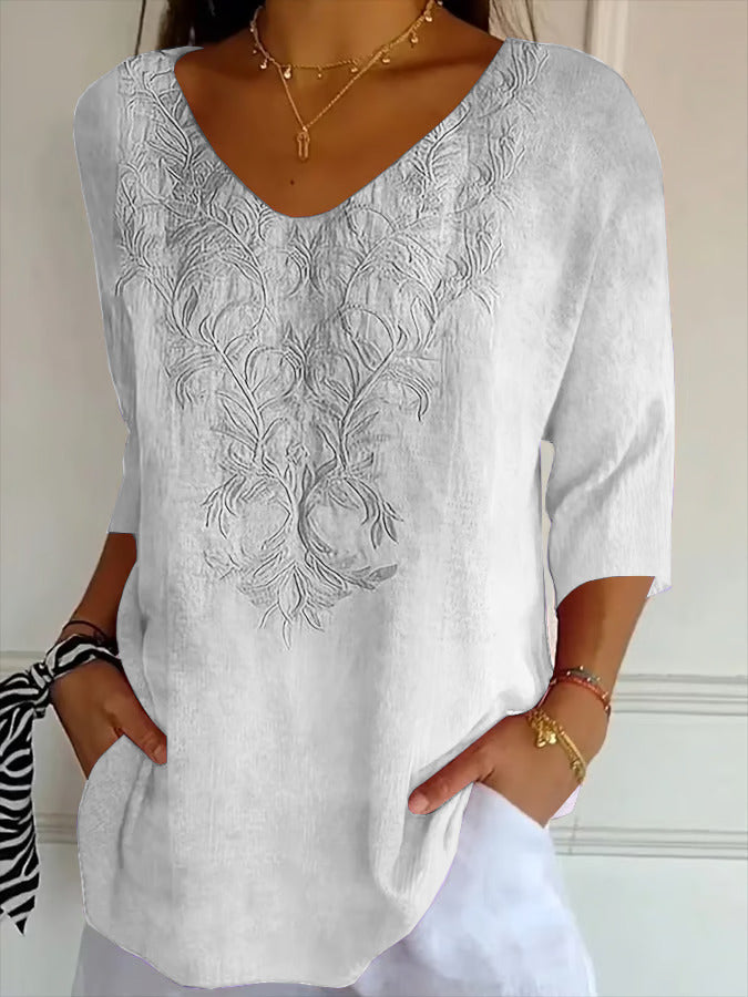 Women Floral Three Quarter Sleeve Tee T-shirt V Neck Printing Casual Spring/Fall Graphic Tee Top
