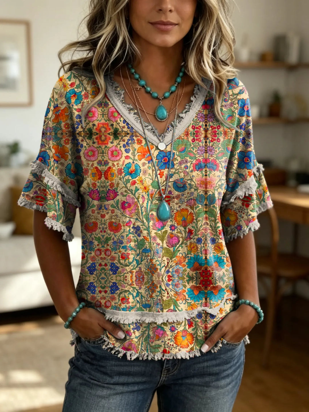 Women's Vintage Ethnic Floral Print V-neck Frayed-edge Short-sleeve Top