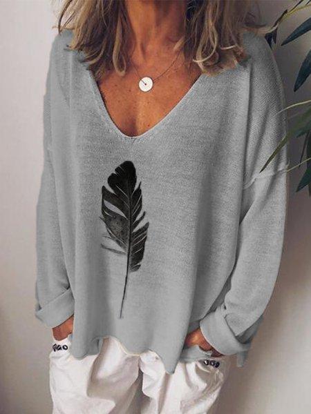 Comfysol V-neck Feather Print Casual Long Sleeve Blouse