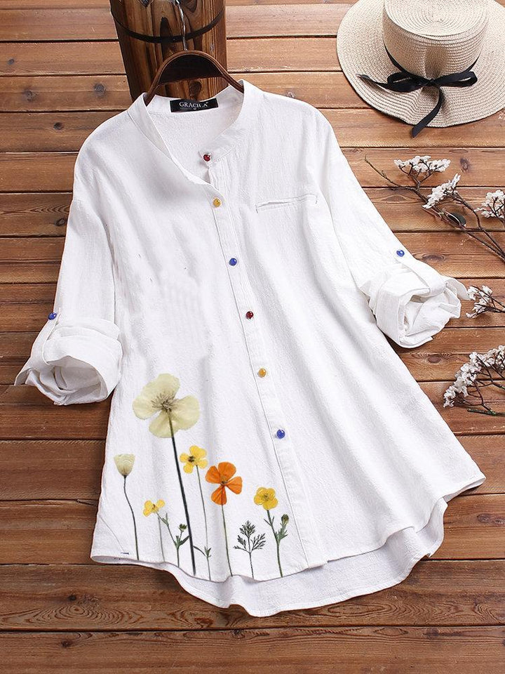 Comfysol Flower Print Colorful Button Long Sleeve Blouse