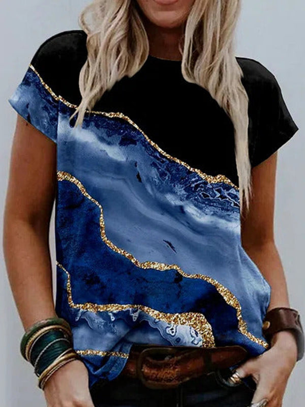 Comfysol Blue Casual Round Neck Short Sleeve Marble Printed Blouse