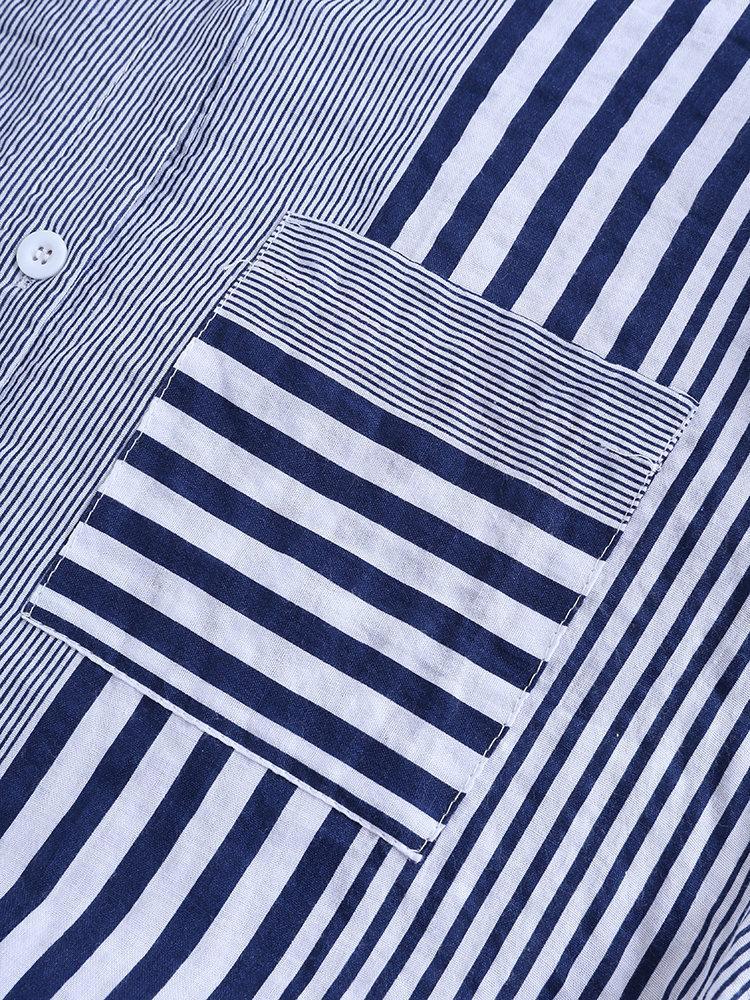 Comfysol Patchwork Stripe Print Stand Collar Irregular Casual Shirts