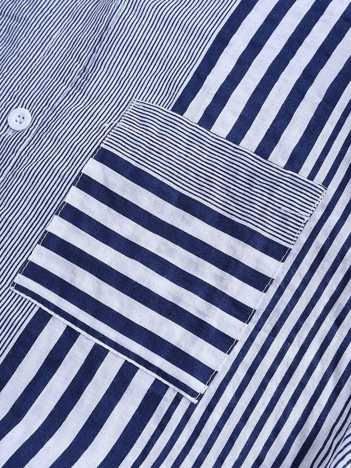 Comfysol Patchwork Stripe Print Stand Collar Irregular Casual Shirts