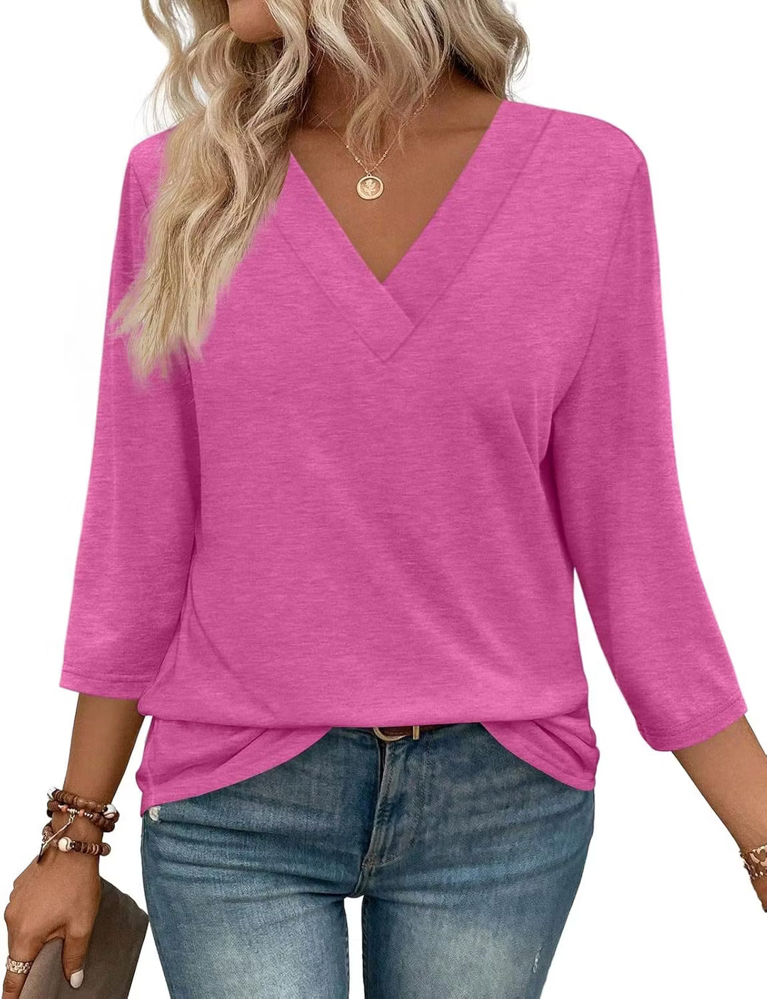 Women's V Neck 3/4 Long Sleeve Loose Fit Tops