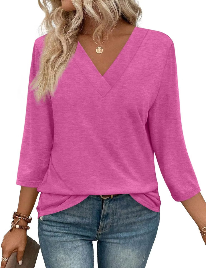 Women's V Neck 3/4 Long Sleeve Loose Fit Tops
