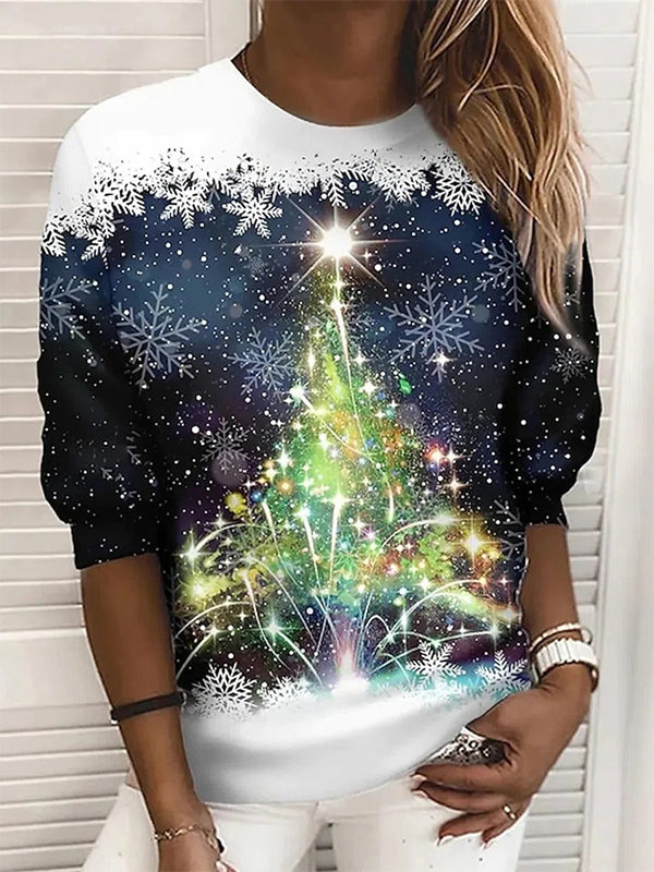 Comfysol Blue Casual Graphic Tops Round Neck Long Sleeve Snowflake Printed Xmas Sweatshirts