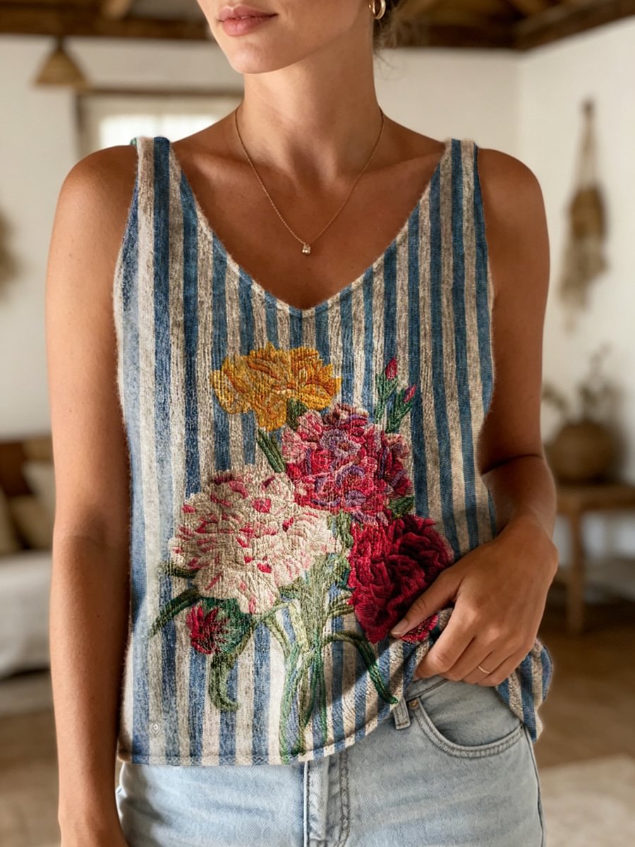 Women's Retro Ethnic Floral Striped Art Print Casual Sleeveless V-neck Wool Blend Knit Top