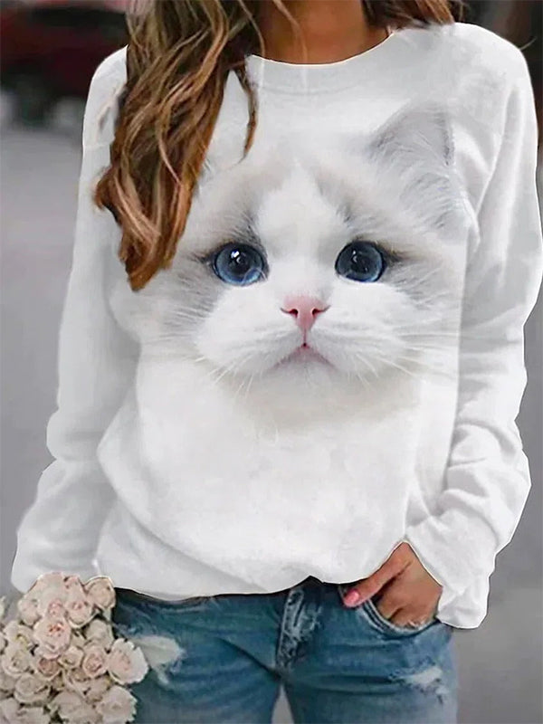 Comfysol White Casual Graphic Tops Round Neck Long Sleeve Cat Printed Sweatshirts