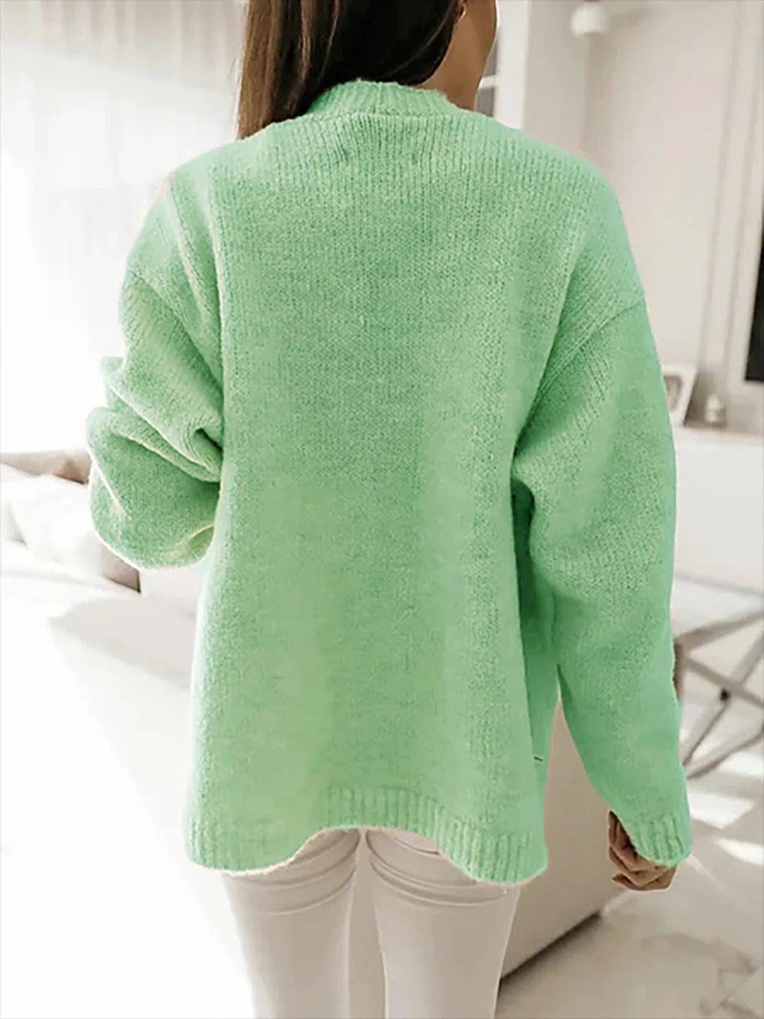 Comfysol Green Casual Lapel Solid Long Sleeve Sweater