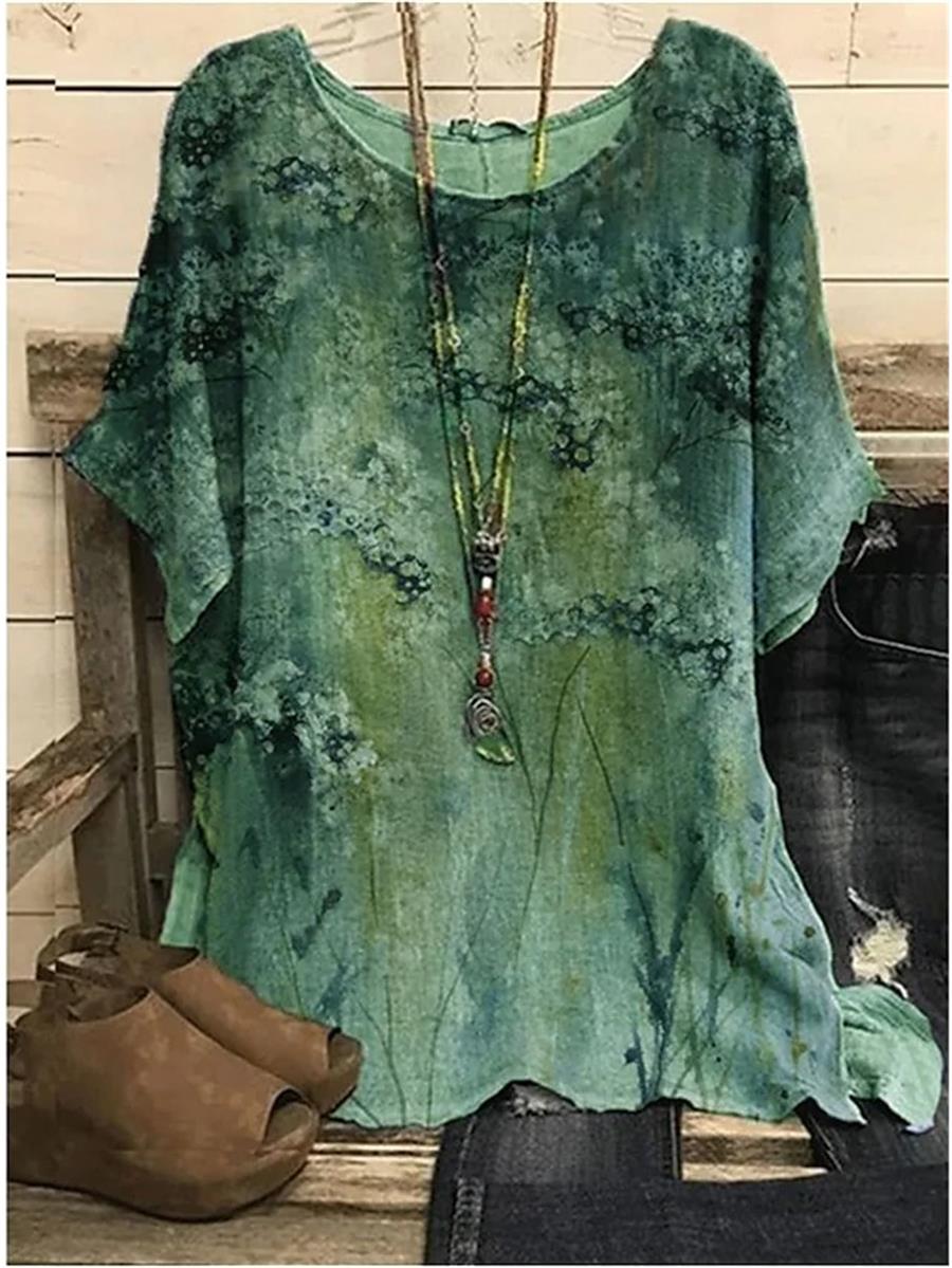Comfysol Green Casual Round Neck Floral Printed Short Sleeve Blouse