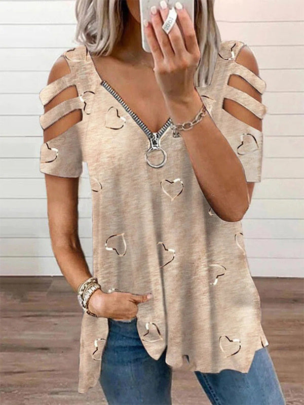 Comfysol Khaki Casual V-neck Short Sleeve Heart Printed Blouse