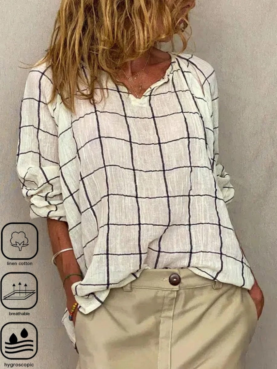 Comfysol Plaid Casual Long Sleeve Loose V Neck Shirt
