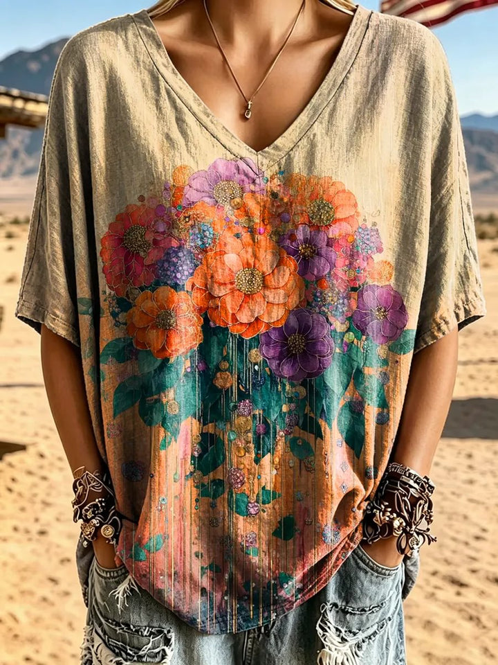 Women's Vibrant Floral Bouquet Art Print Cotton V-Neck Loose Top