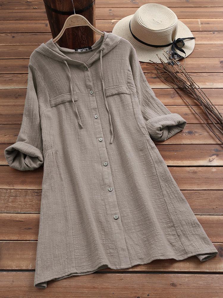 Comfysol Solid Color Drawstring Hooded Long Sleeve Blouse