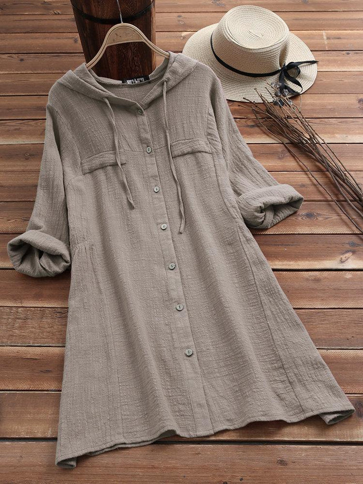 Comfysol Solid Color Drawstring Hooded Long Sleeve Blouse