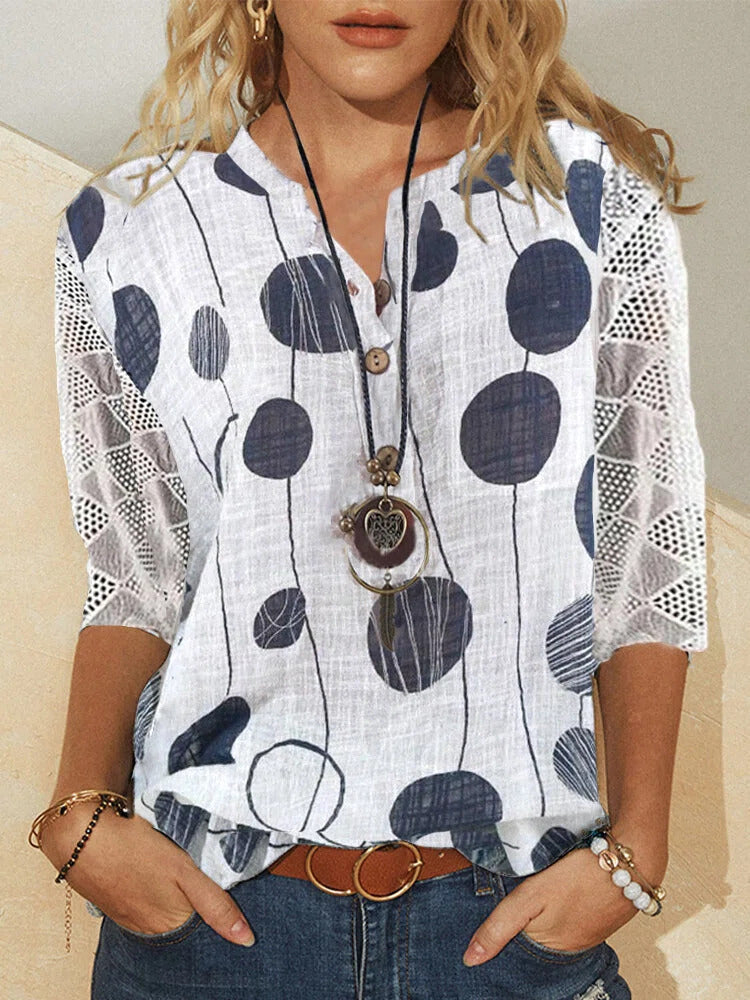Comfysol White Casual V Neck Polka Dots Printed Half Sleeve Blouse