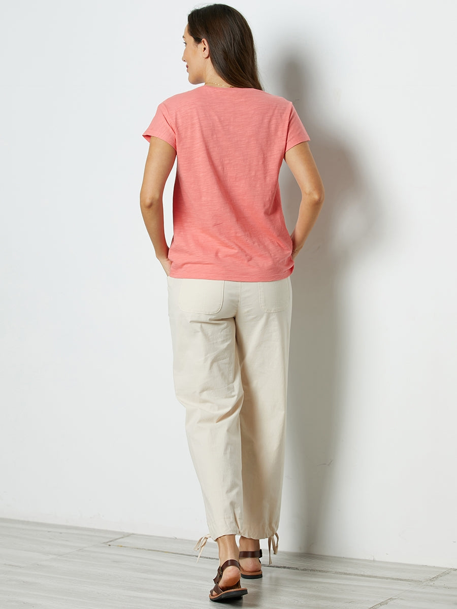 Comfysol Hot Coral Feather Print V-neck Short Sleeve Blouse
