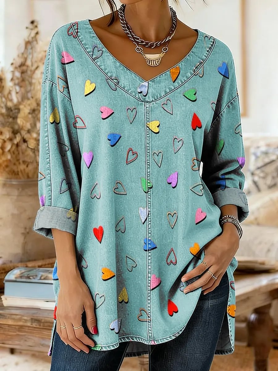 Women's Valentine's Day Heart Shape Art Print Casual Washed Denim Cotton Top
