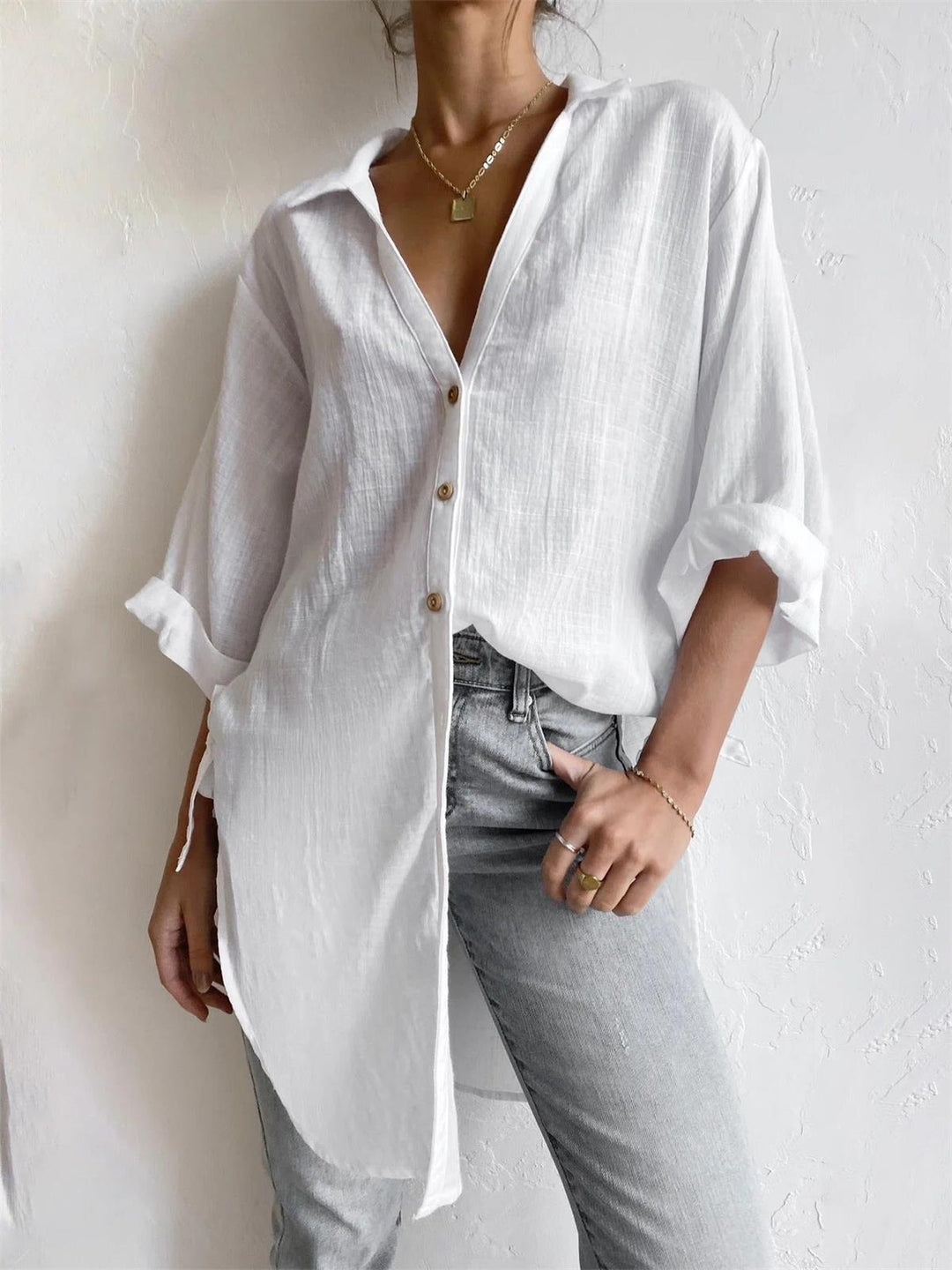 Comfysol White Casual Stand Collar Solid Long Sleeve Blouse