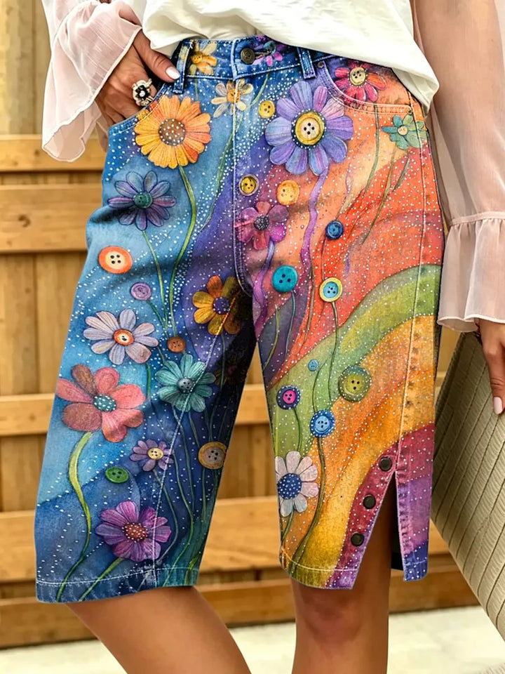 Women's Whimsical Daisy Print Denim Bermuda Shorts