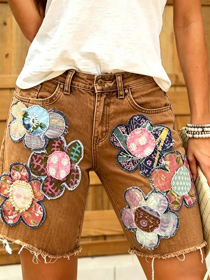 Women Ethnic Floral Print Denim Shorts
