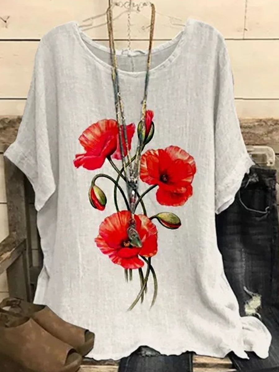 Comfysol White Casual Round Neck Floral Printed Short Sleeve Blouse
