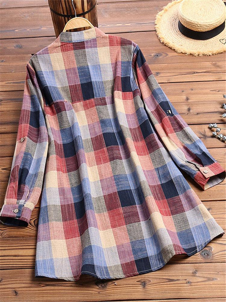 Comfysol Vintage Print Plaid Multicolor Long Sleeve Button Blouse