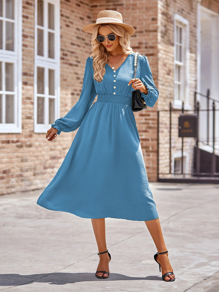 Comfy Elastic Waist V-Neck Long Sleeve Midi Dress
