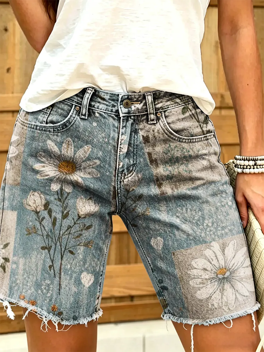 Ethnicity Bohemian Style Flowers Women's Art Print Casual Denim Shorts