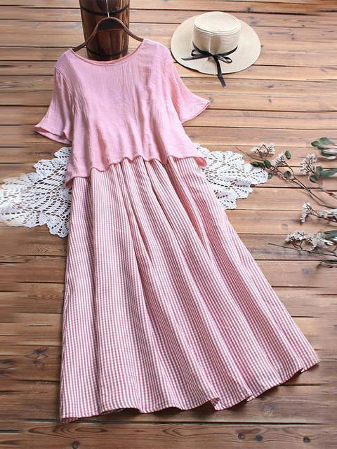 Comfysol Short Sleeve Round Neck Plaid Casual Summer Two Piece Maxi Dress