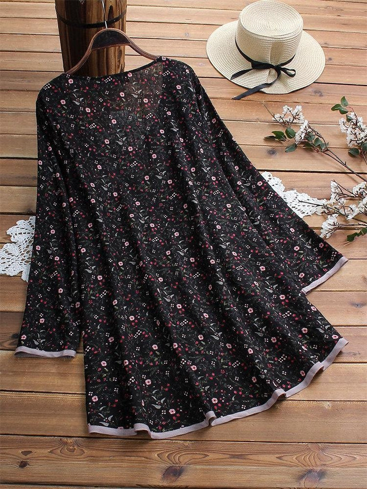 Comfysol Women's Floral Print Patchwork Long Sleeve Irregular Hem Blouse