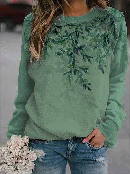 Comfysol Green Casual Graphic Tops Round Neck Leaves Printed Long Sleeve Sweatshirts