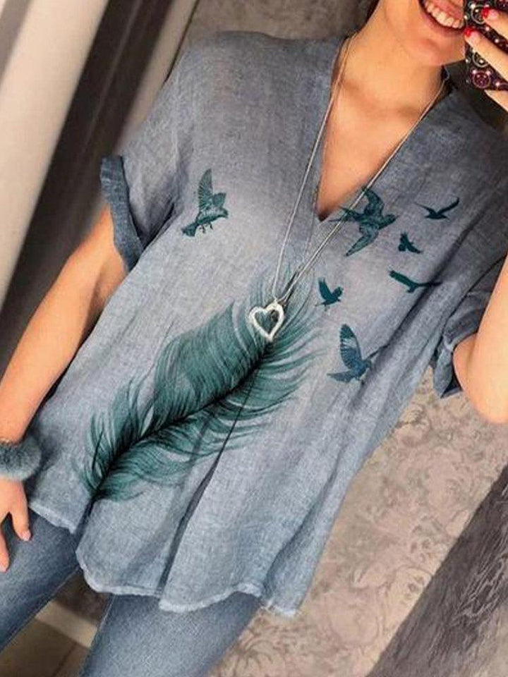 Comfysol Casual Print Feather V-neck Short Sleeve Overhead Blouse