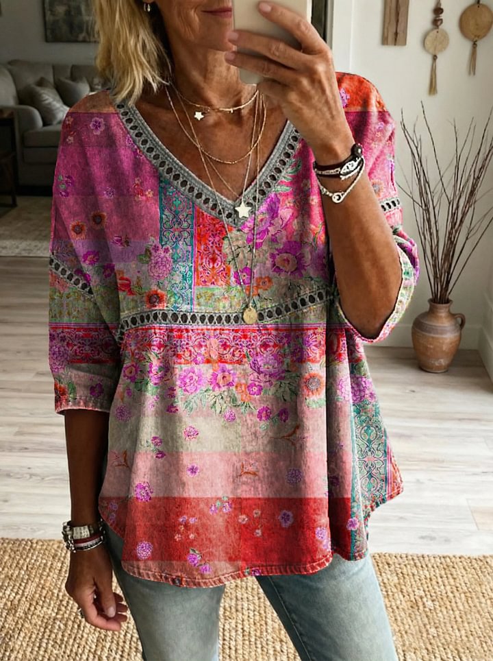 Women's Floral Pattern Art Print Casual V-neck Lace-up Top